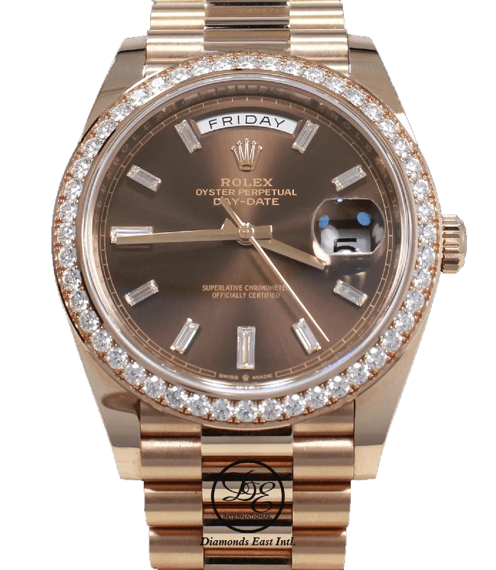 stylish watches for casual wear   Rolex President 40mm 228345RBR 18K Rose Gold Factory Chocolate Baguette Dial & Diamond Bezel BOX/PAPERS 2022 MINT