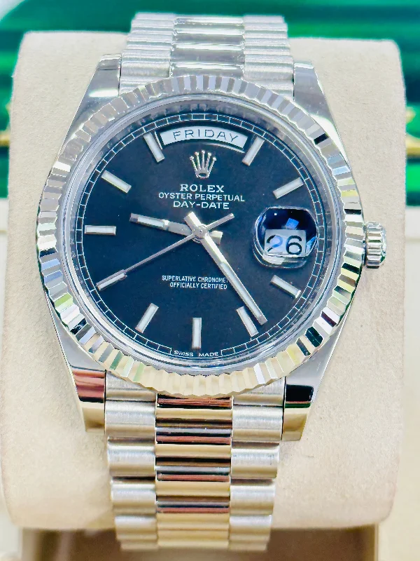 watches with custom engravings for gifts   Rolex President Day-Date 40 228239 18k White Gold Fluted Bezel Black Index Dial Box and Papers