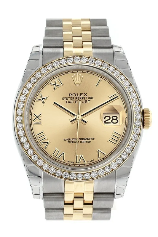 Watches made for exclusive collectors   Rolex Datejust 36 Champagne Roman Dial 18k White Gold Diamond Bezel Jubilee Ladies Watch 116243 Pre-owned