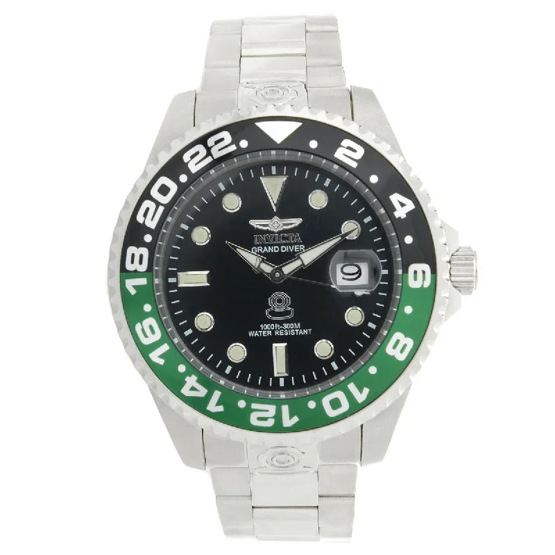 Watches for daily wear   Invicta 21866 Men's Grand Diver Black & Green Accented Bezel Steel Bracelet Automatic Dive Watch