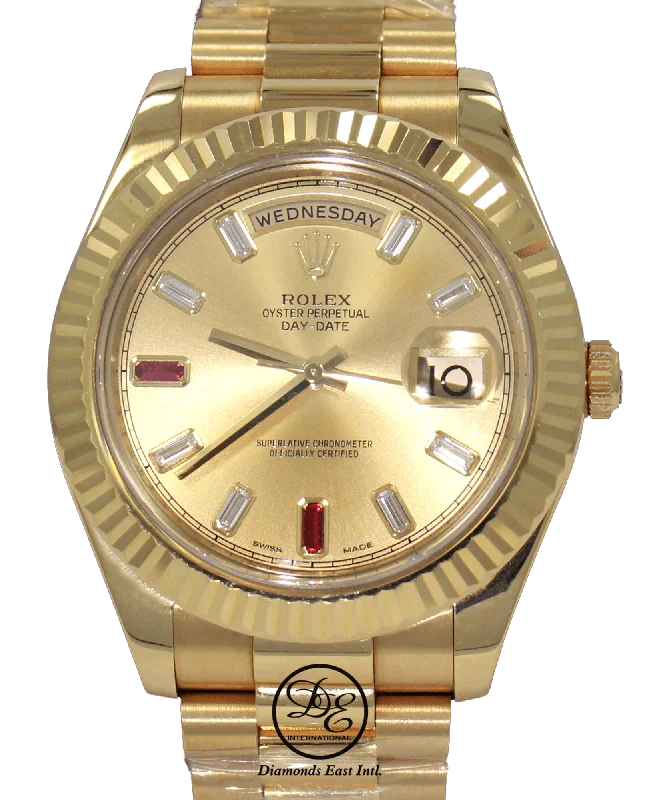 Watches with a stylish look   Rolex Day-Date II President 218238 18K Yellow Gold Fact Ruby & Diamond Dial BOX/PAPERS