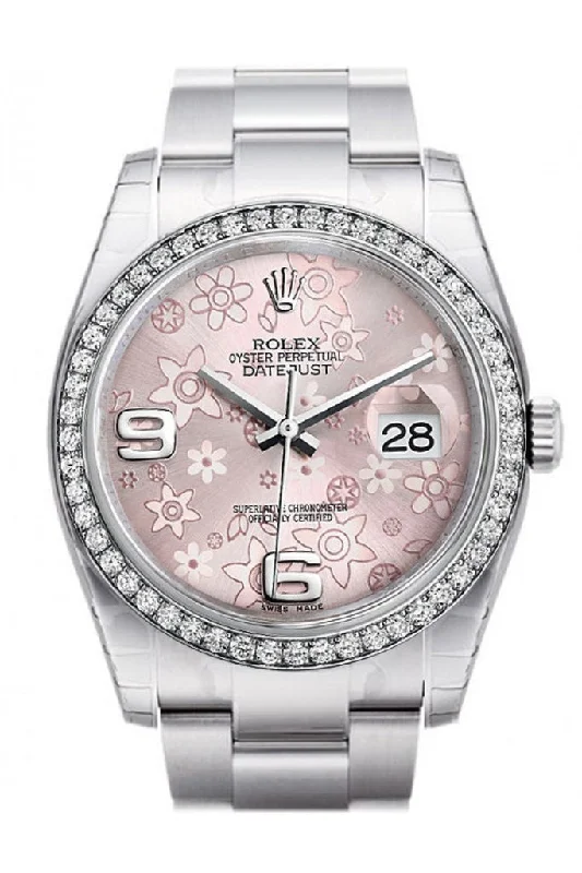 watches with custom engravings for gifts   Rolex Datejust 36 Pink Floral Motif Dial 18k White Gold Diamond Bezel Men's Watch 116244 Pre-owned