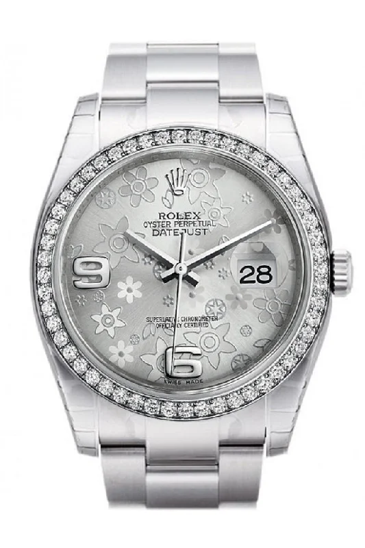 minimalistic watches for men with leather bands   Rolex Datejust 36 Silver floral motif Dial 18k White Gold Diamond Bezel Men's Watch 116244 Pre-owned