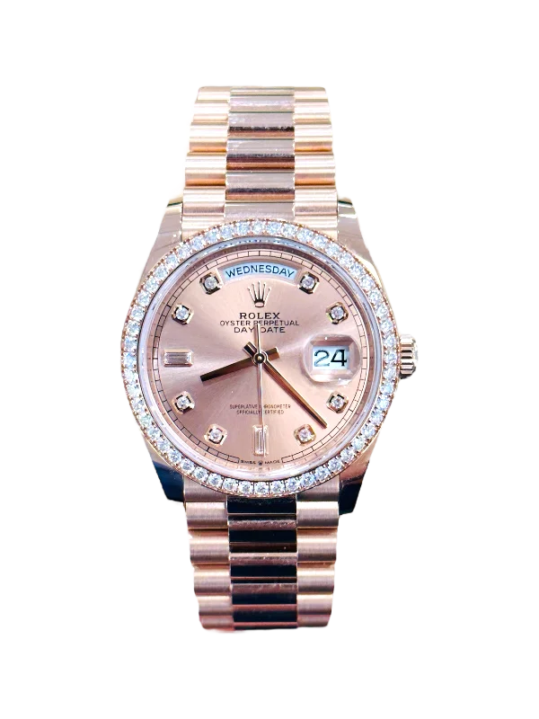 Watches made for exclusive collectors   Rolex Day-Date 36 Everose 128345RBR President Factory Diamond Bezel and Factory Diamond Dial Box & Papers