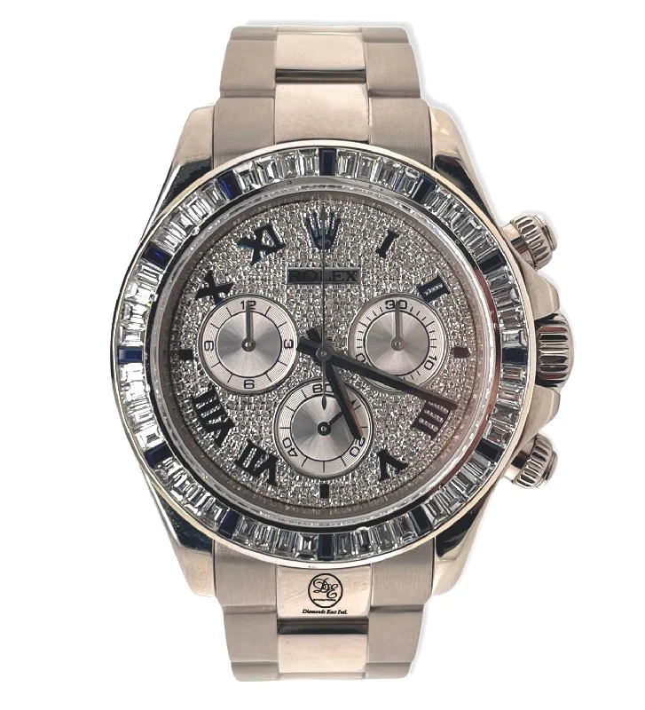 stylish watches for everyday wear   Rolex Daytona 116509 18K White Gold Custom Pave Diamond Dial on Oyster Blue sapphire Baguette Diamond Bezel