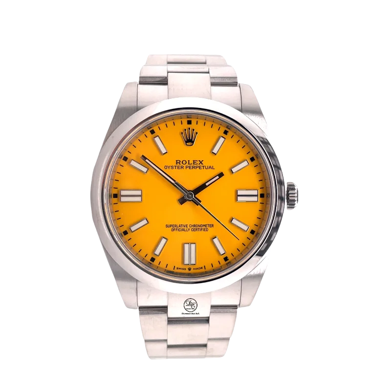 stylish watches for everyday wear   Rolex Oyster Perpetual 41mm CUSTOM Yellow Dial 124300 Unworn Box And Papers