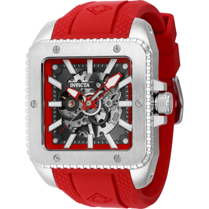 Watches with leather straps and quick release clasps   Invicta Men's Watch - Cuadro Mechanical Silver Tone, Red and Grey Dial Strap | 44002