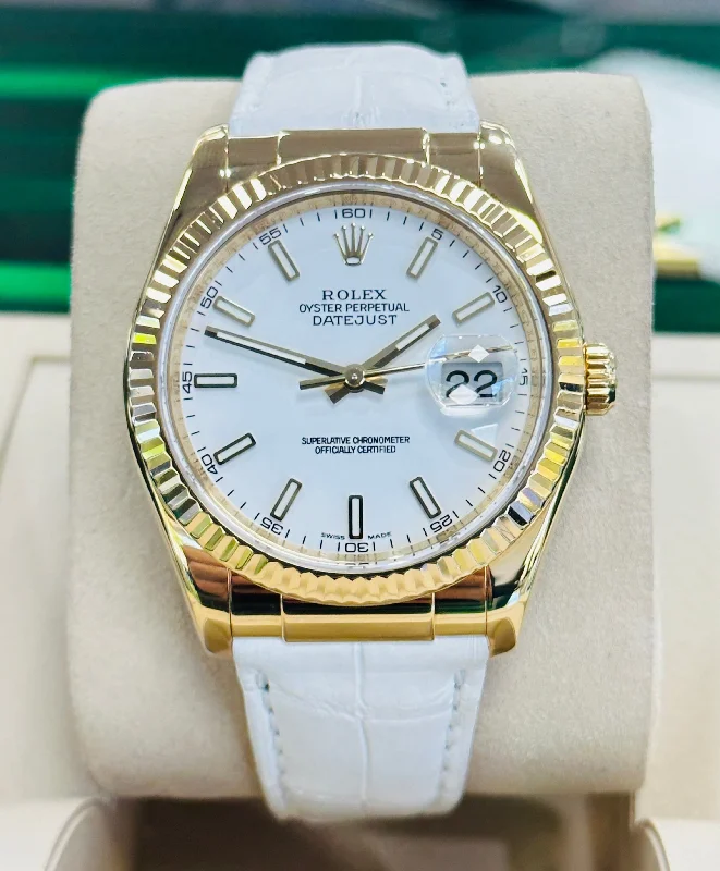 watches with custom engravings for gifts   ROLEX Datejust 116138 18k Yellow Gold on White Leather Strap Watch BOX/PAPERS