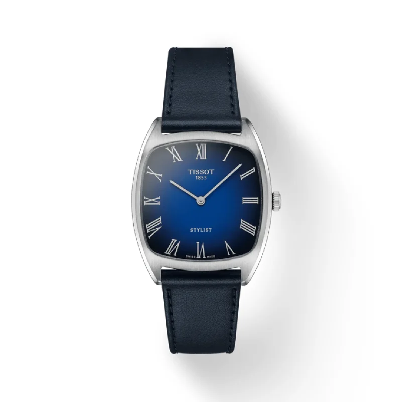minimalistic watches for men with leather bands   Tissot Stylist Blue Leather Strap Watch with Gradient Blue-Black Dial