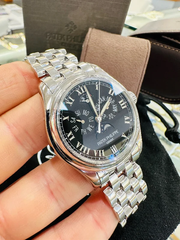 minimalistic watches for men with leather bands   Patek Philippe Annual Calendar 5036/1G Moon Phase w/Power Reserve In 18kt White Gold 37MM PreOw ned