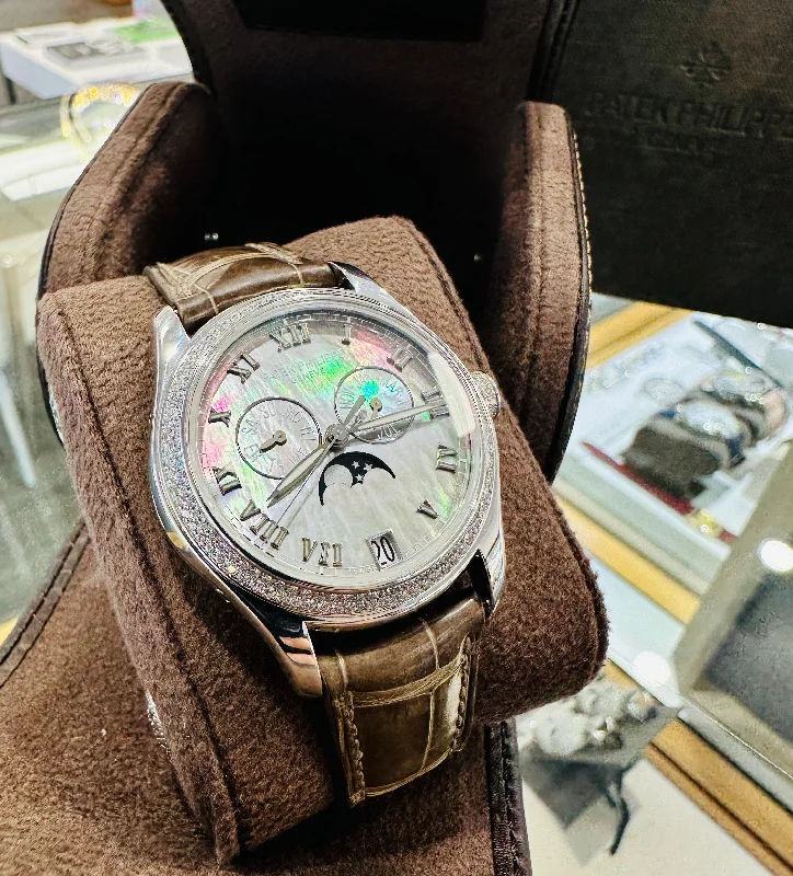 Luxury brand automatic watches for men   Patek Philippe Annual Calendar 4936G Factory Mother Of Pearl Roman Dial Factory Diamonds  Preowned
