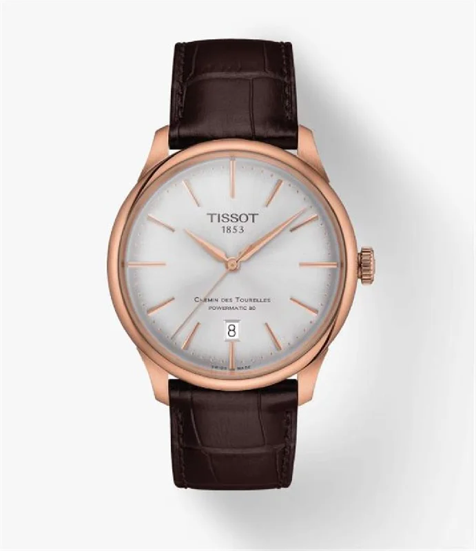 minimalistic watches for men with leather bands   Tissot 39 MM Chemin Des Tourelles Powermatic 80